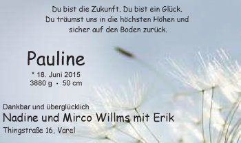 Babyanzeige von Pauline Willms von Nordwest-Zeitung