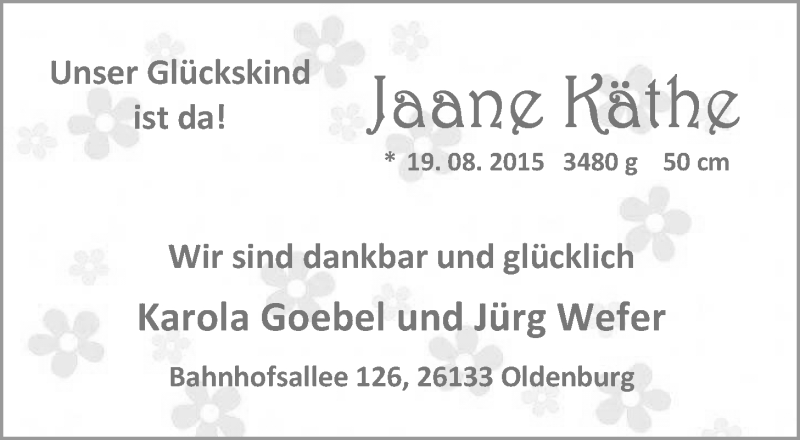 Anzeige für Jaane Käthe  vom 05.09.2015 aus Nordwest-Zeitung