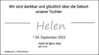 Babyanzeige von Helen  von Nordwest-Zeitung