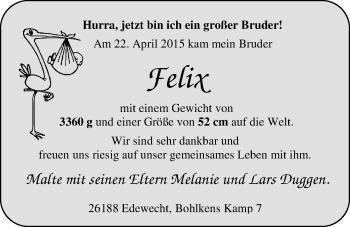 Babyanzeige von Felix  von Nordwest-Zeitung