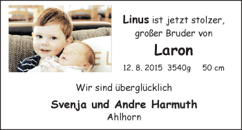 Babyanzeige von Laron Harmuth von Nordwest-Zeitung