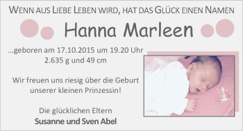 Babyanzeige von Hanna Marleen Abel von Nordwest-Zeitung