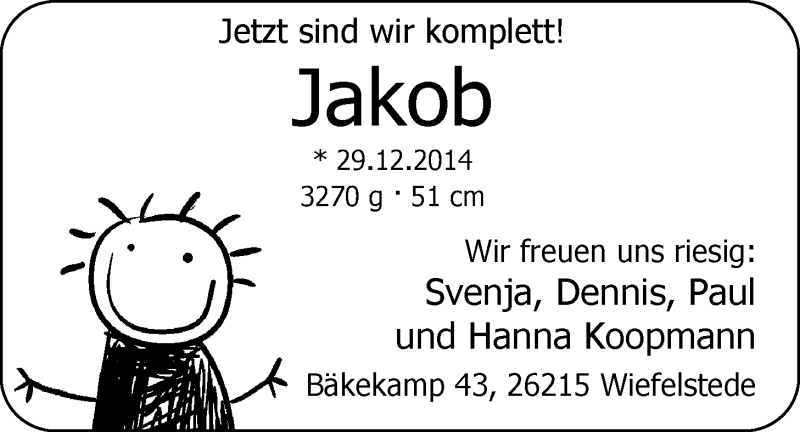 Anzeige für Jakob Koopmann vom 10.01.2015 aus Nordwest-Zeitung