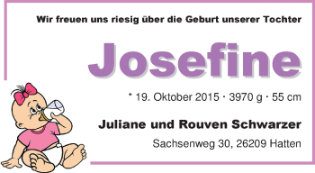 Babyanzeige von Josefine Schwarzer von Nordwest-Zeitung