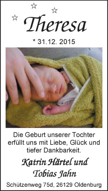 Babyanzeige von Theresa  von Nordwest-Zeitung