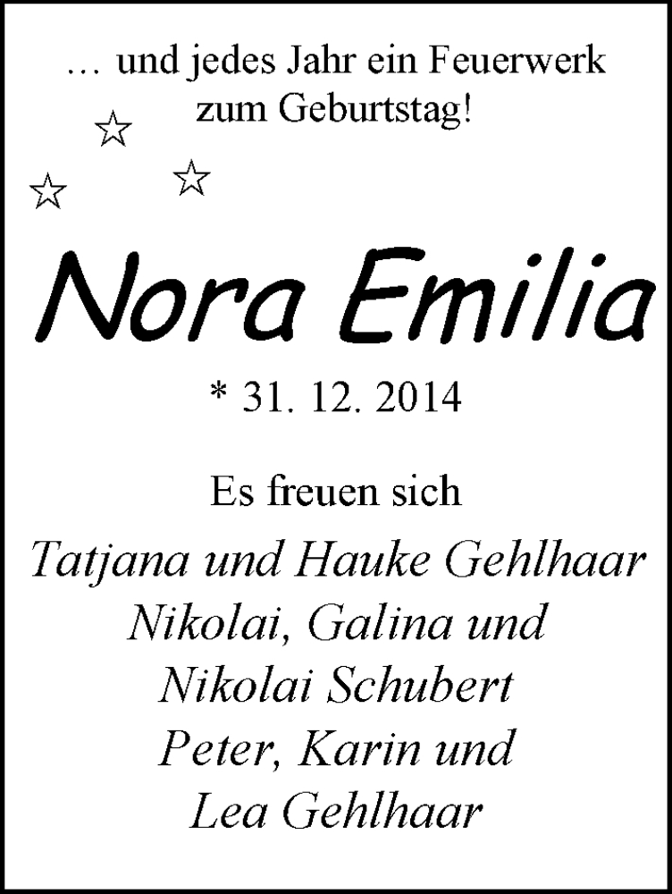 Anzeige für Nora Emilia Gehlhaar vom 10.01.2015 aus Nordwest-Zeitung