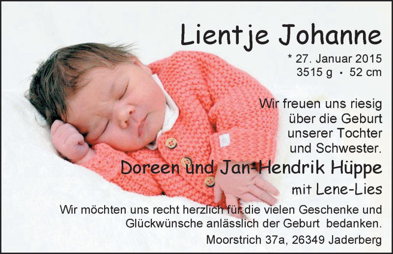 Anzeige für Lientje Johanne Hüppe vom 14.03.2015 aus Nordwest-Zeitung