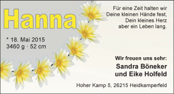 Babyanzeige von Hanna  von Nordwest-Zeitung
