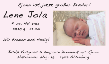 Babyanzeige von Lene Jola  von Nordwest-Zeitung