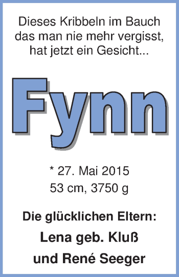 Babyanzeige von Fynn Seeger von Nordwest-Zeitung
