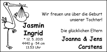 Babyanzeige von Jasmin Ingrid Carstens von Nordwest-Zeitung