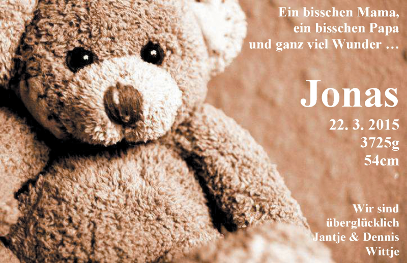 Anzeige für Jonas Wittje vom 04.04.2015 aus Nordwest-Zeitung