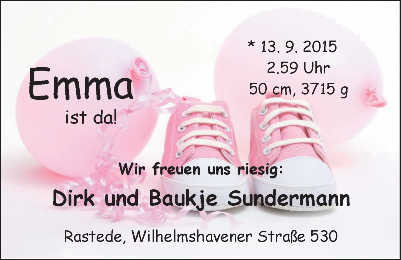 Anzeige für Emma Sundermann vom 17.10.2015 aus Nordwest-Zeitung