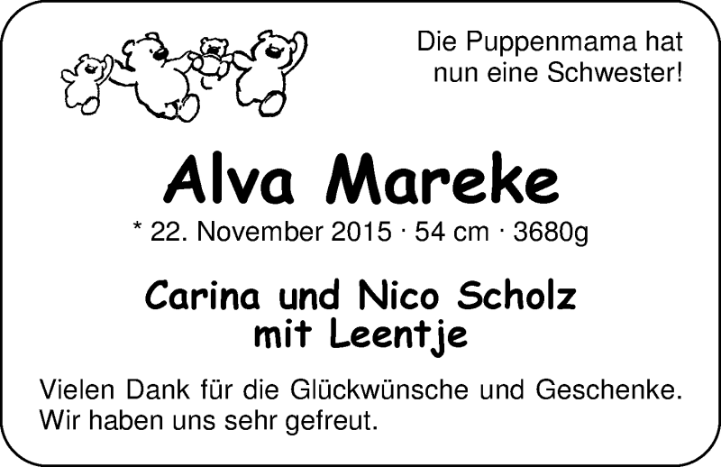 Anzeige für Alva Mareke Scholz vom 31.12.2015 aus Nordwest-Zeitung