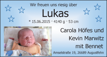 Babyanzeige von Lukas  von Nordwest-Zeitung