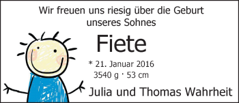 Babyanzeige von Fiete Wahrheit von Nordwest-Zeitung
