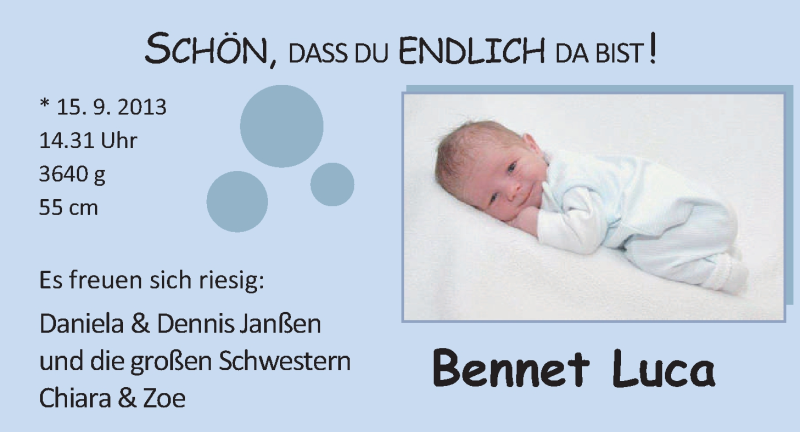 Anzeige für Bennet Luca Janßen vom 28.09.2013 aus Nordwest Zeitung