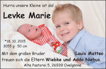 Babyanzeige von Levke Marie Niehus von Nordwest-Zeitung