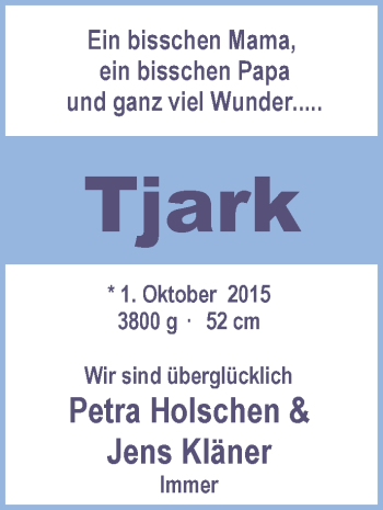 Babyanzeige von Tjark Kläner von Nordwest-Zeitung