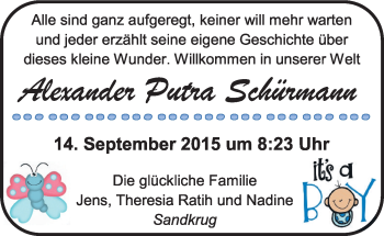 Babyanzeige von Alexander Putra Schürmann von Nordwest-Zeitung
