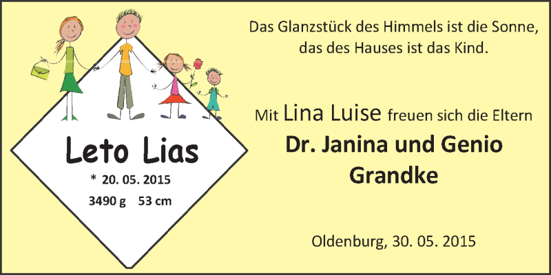 Anzeige für Leto Lias Grandke vom 30.05.2015 aus Nordwest-Zeitung