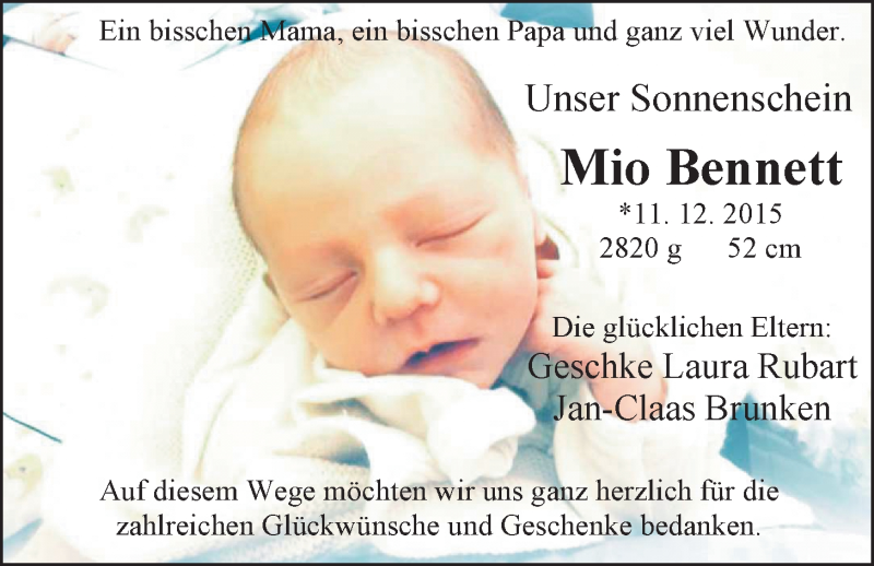 Anzeige für Mio Bennett  vom 16.01.2016 aus Nordwest-Zeitung