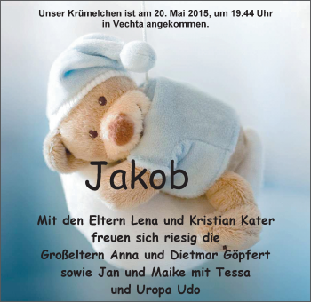 Babyanzeige von Jakob Kater von Nordwest-Zeitung