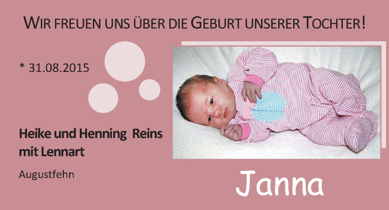 Anzeige für Janna  vom 26.09.2015 aus Nordwest-Zeitung