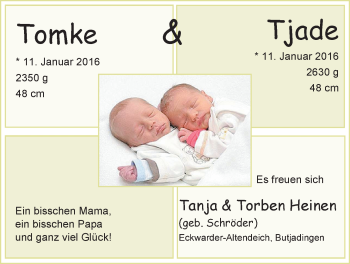 Babyanzeige von Tomke und Tjade Heinen von Nordwest-Zeitung