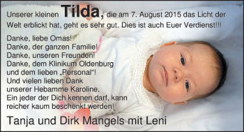 Babyanzeige von Tilda Mangels von Nordwest-Zeitung