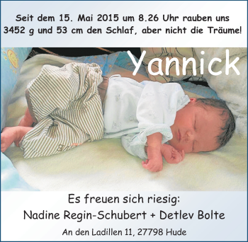 Babyanzeige von Yannick  von Nordwest-Zeitung