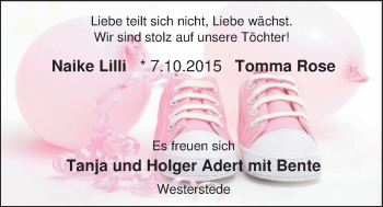Babyanzeige von Naike Lilli und Tomma Rose Adert von Nordwest-Zeitung