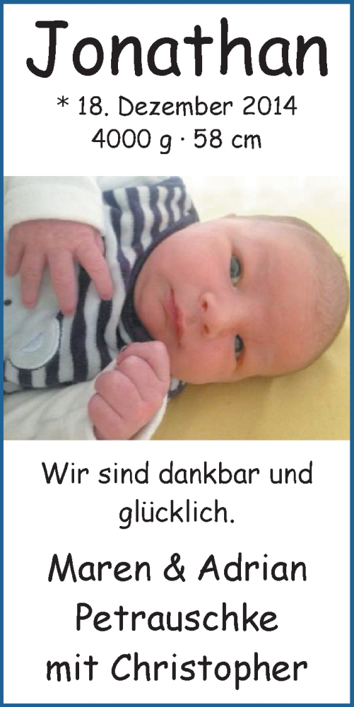 Anzeige für Jonathan Petrauschke vom 03.01.2015 aus Nordwest-Zeitung