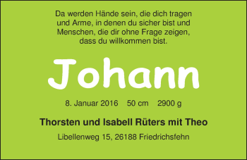 Babyanzeige von Johann Rüters von Nordwest-Zeitung