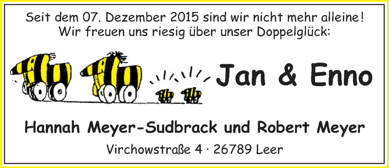 Anzeige für Jan und Enno Meyer vom 16.01.2016 aus Nordwest-Zeitung