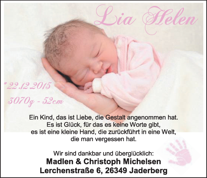 Anzeige für Lia Helen Michelsen vom 16.01.2016 aus Nordwest-Zeitung