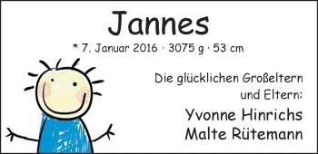 Babyanzeige von Jannes  von Nordwest-Zeitung