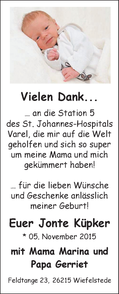 Anzeige für Jonte Küpker vom 19.12.2015 aus Nordwest-Zeitung