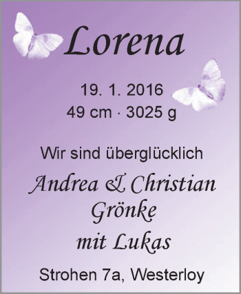 Babyanzeige von Lorena Grönke von Nordwest-Zeitung