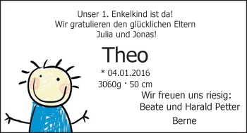 Babyanzeige von Theo Petter von Nordwest-Zeitung