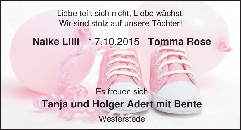 Anzeige für Naike Lilli und Tomma Rose Adert vom 17.10.2015 aus Nordwest-Zeitung