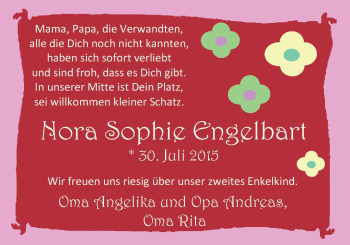 Babyanzeige von Nora Sophie Engelbart von Nordwest-Zeitung