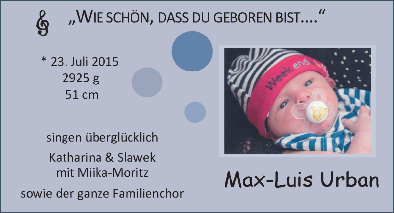 Anzeige für Max-Luis Urban vom 08.08.2015 aus Nordwest-Zeitung