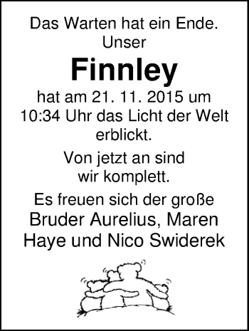 Babyanzeige von Finnley  von Nordwest-Zeitung