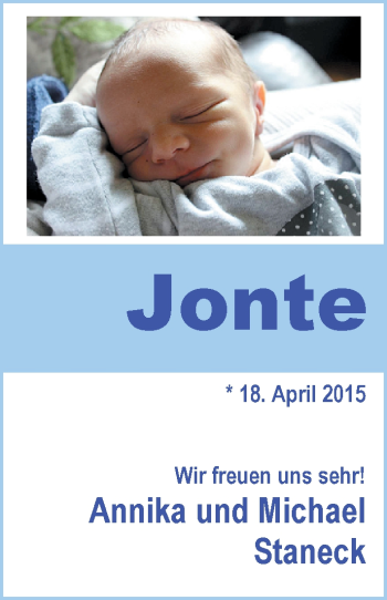 Babyanzeige von Jonte Staneck von Nordwest-Zeitung