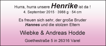 Babyanzeige von Henrike Hodde von Nordwest-Zeitung