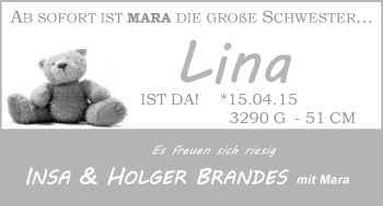 Babyanzeige von Lina Brandes von Nordwest-Zeitung