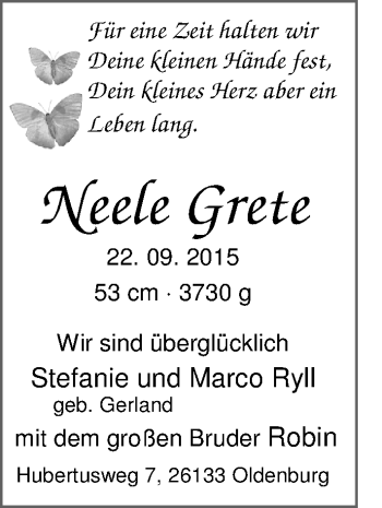 Babyanzeige von Neele Grete Ryll von Nordwest-Zeitung