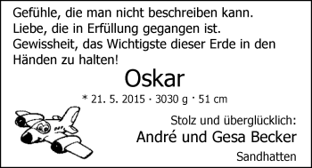 Babyanzeige von Oskar Becker von Nordwest-Zeitung