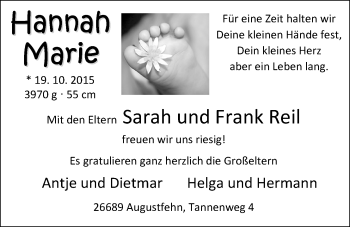 Babyanzeige von Hannah Marie Reil von Nordwest-Zeitung